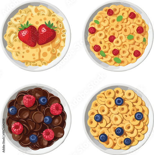 Set of Breakfast Cereal Bowls with Milk, Chocolate, Strawberries and Berries Vector Illustration for Food, Menu, Packaging Design