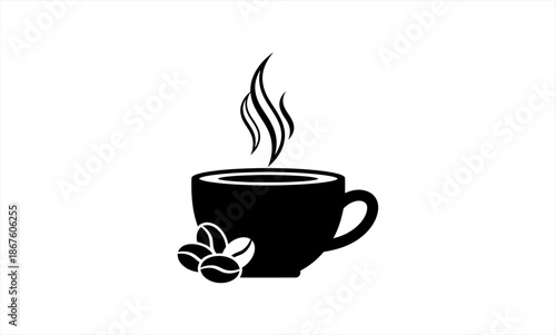 Steaming hot coffee cup with coffee beans, black and white illustration.
