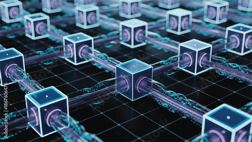 Blockchain technology concept with glowing blue and purple cubes on grid  futuristic digital network