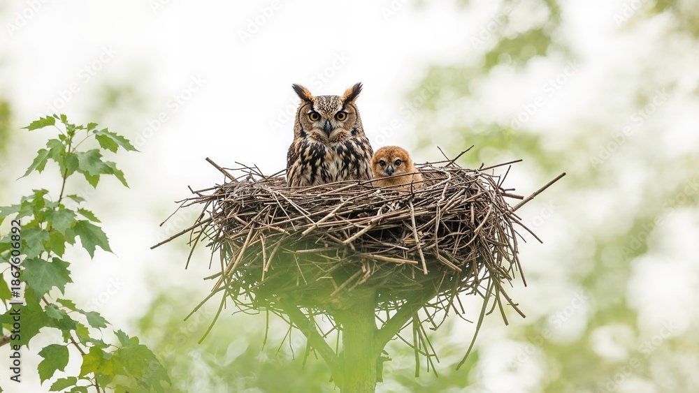 Fototapeta premium A nest with an owl and owlet resting in a tree with green leaves and blurred background. Nature and wildlife, bird habitat, family of owls, serene environment.