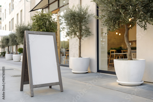 Minimalist Gray Wooden Sandwich Board Mockup with Blank White Poster on Light Concrete Sidewalk Modern Cafe Olive Trees Planters Bright Daylight