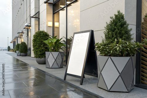 Black Metal A-Frame Sandwich Board Mockup Blank White Poster Modern Coffee Shop Sidewalk Polished Stone Planters Contemporary Entrance Daylight