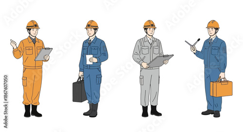 Four construction workers in protective gear reviewing documents and equipment