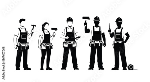 Diverse construction workers in silhouette showcasing various building trades and tools