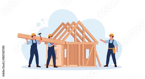 Construction workers building a wooden house frame with tools and teamwork