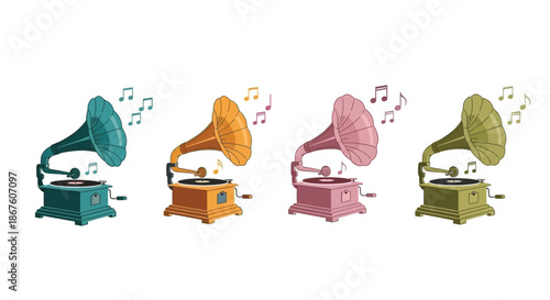 Colorful vintage gramophones playing music a nostalgic and artistic illustration