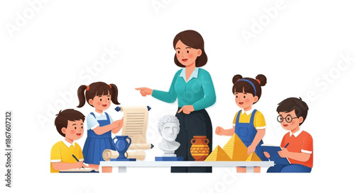 A teacher instructs young students around a table with historical artifacts