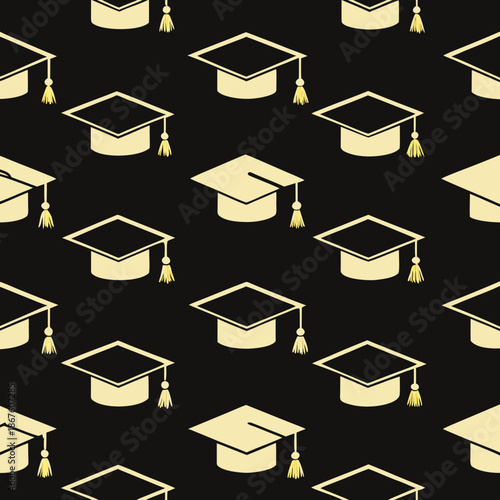 Title: A repeating pattern of black graduation caps with gold tassels on a black background