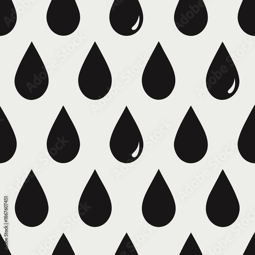 Title: Black raindrop shapes arranged in a repeating pattern on a white background