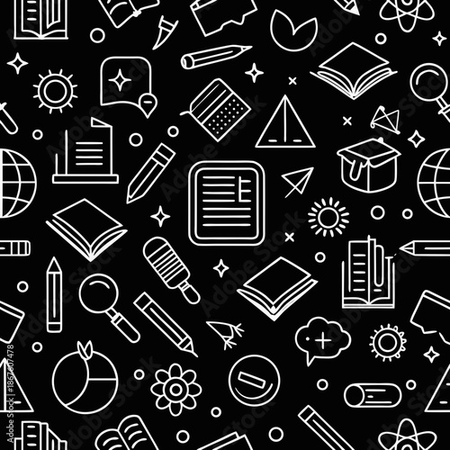 Title: A repeating pattern of white educational on a black background including books, pencils
