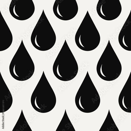 Title: A repeating pattern of black raindrop shapes on a white background forming a seamless