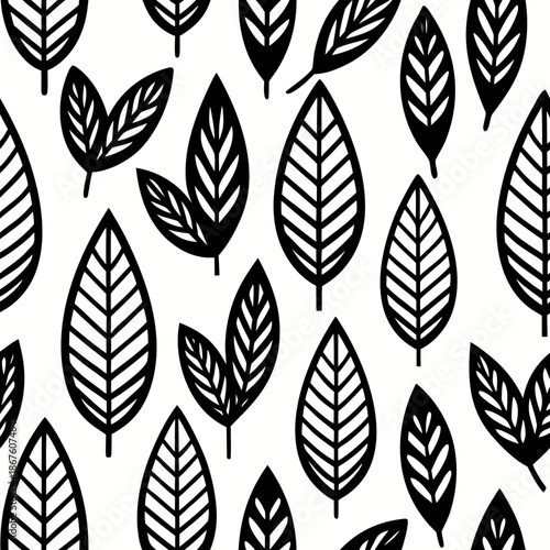 Title: A repeating pattern of stylized black and white leaf motifs arranged in a symmetrical with