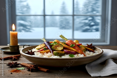 Colorful roasted vegetable platter served on a rustic plate