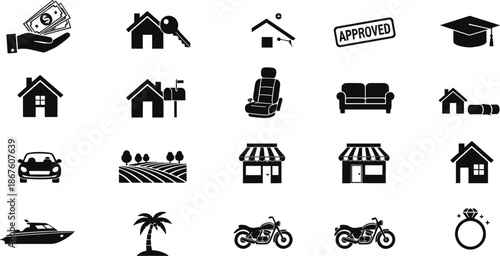 Black icon set, real estate symbols, financial assets, lifestyle elements, insurance icons, property visuals, home security, vehicle, travel, approved stamp, ring