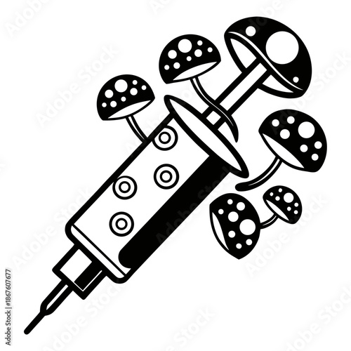Title: Black and white of a syringe filled with mushrooms and leaves