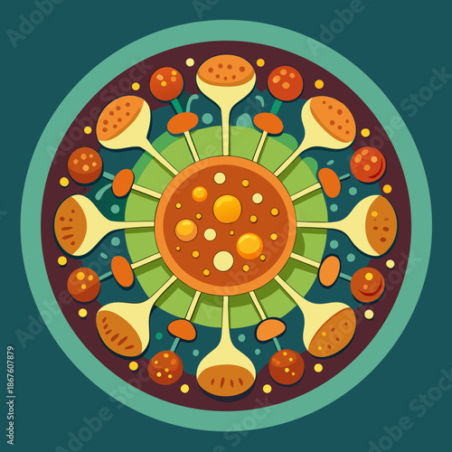 Title: A colorful of a mitochondrion with cristae and matrix in vibrant orange and green hues