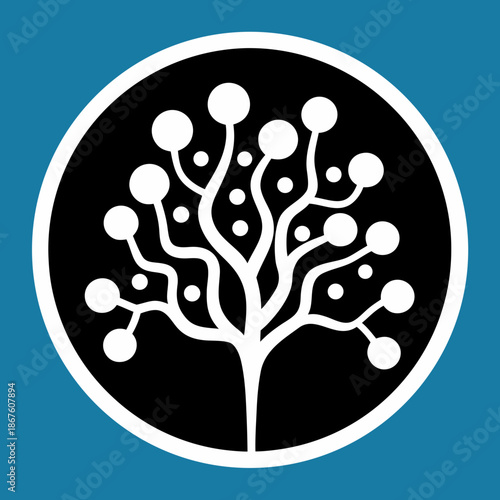 Title: Circular blue background with a black and white tree featuring white dots and branches