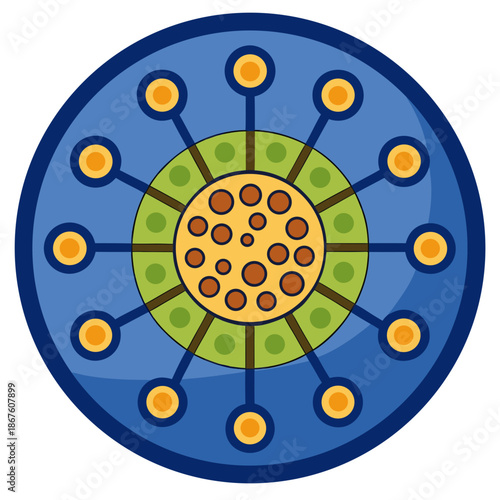 Title: A stylized of a mushroom with a blue cap and orange gills on a white background