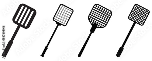 Fly Swatter Silhouette Icon Set – Pest Control Handle Grips and Insect Control Tools Vector
 Collection