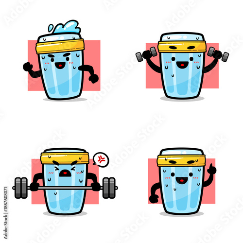 Cute Water Glass Mascot Character Set Doing Fitness Workout and Exercise Activities for Healthy Lifestyle