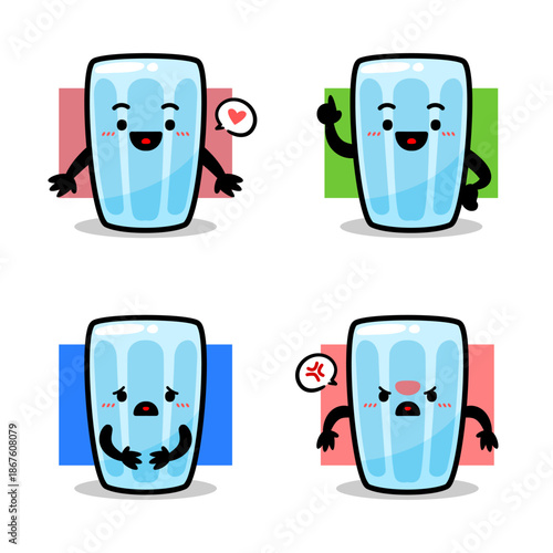 Cute Water Glass Mascot Character Set with Love, Idea, Sad and Angry Expressions