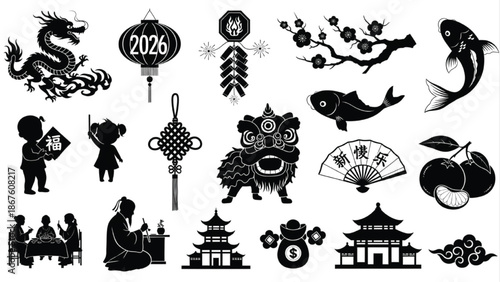 Chinese New Year 2026 Lunar Festival Silhouette Icons Set Traditional Symbols