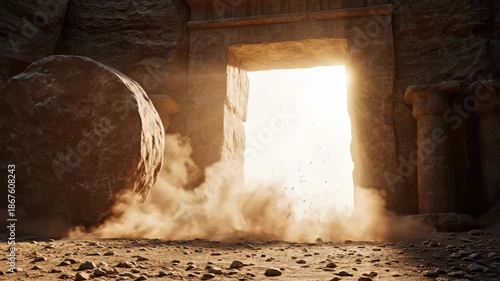 The stone is rolled away from the empty tomb on Easter morning. Bright light shines out, symbolizing the resurrection of Jesus Christ. A Christian concept of hope and salvation