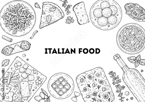 Italian cuisine top view frame. Italian food. Vector drawing illustration. Set of sketches of Italian dishes. Food menu design template. Not AI generated.