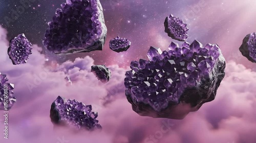 Wallpaper Mural Abstract motion graphic loop featuring massive amethyst crystal clusters floating gracefully among swirling pink and lavender fog clouds precious stones, swirling pink, gemstone Torontodigital.ca