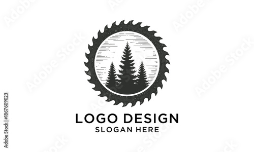 Circular Saw Blade with Pine Trees Logo Design.