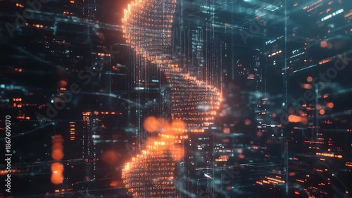 Scientific data processing visualizes DNA strand in a futuristic digital environment, scientific data processing over scope with dna strand