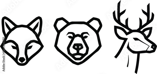 Wild Animal Head Outline Icons Set Fox Bear and Deer