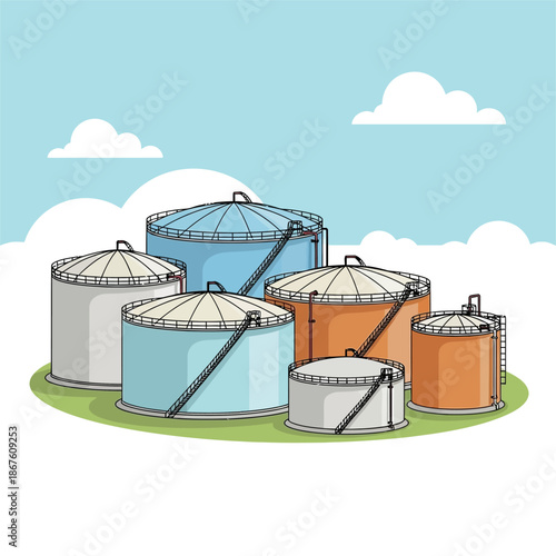 Colorful Cylindrical Storage Tanks Illustration.