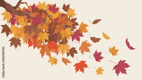 Colorful autumn leaves falling from tree branch in the wind