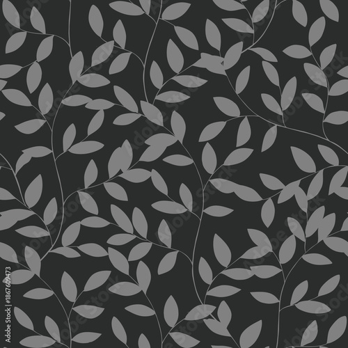 Monochrome Watercolor Grey Leaves Seamless Pattern, Dark Charcoal Foliage Background, Neutral Gray Leafy Ornament, Moody Botanical Texture, Sophisticated Ash Leaf Print for Fabric and Wallpaper