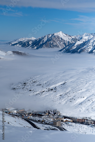 Panoramic view of the tourist and ski town of Pas de la Casa in winter 2026.