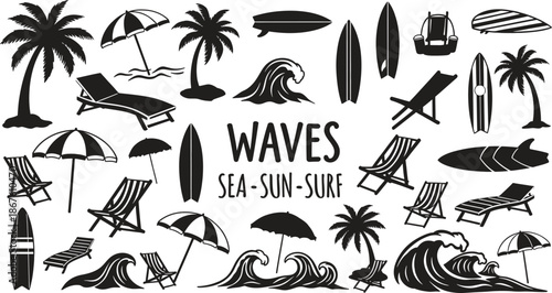 Beach and surf illustrations with waves palm trees and sun