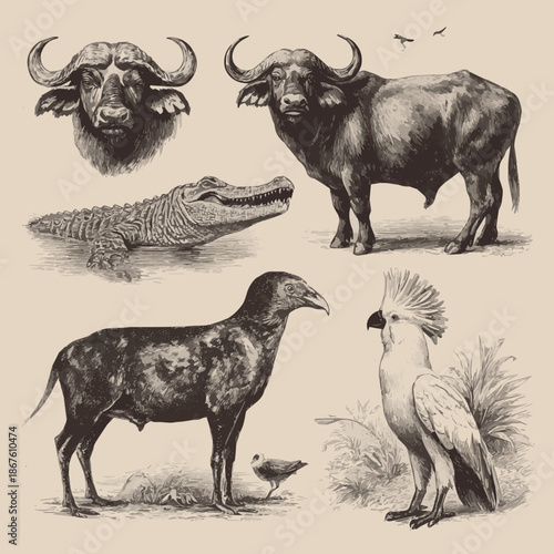 Isolated on African animals set. Buffalo, Crocodile, Ostrich, Secretary bird, Cockatoo. Illustration Vector Art. Style Vintage engraving
