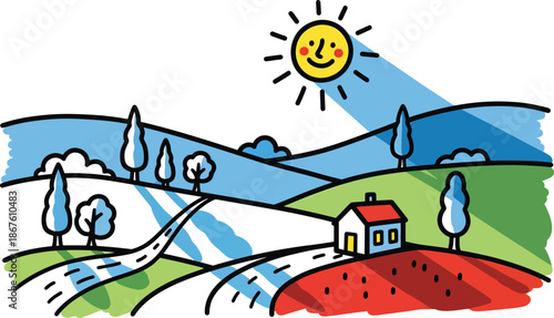 A cartoon landscape with a house on a hill under a sunny sky