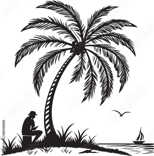 Sophisticated black palm tree silhouette vector icon with precision geometry smooth curves flawless outline minimalist flat design professional illustration