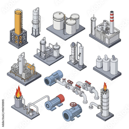 Industrial Equipment and Factory Components Illustration.