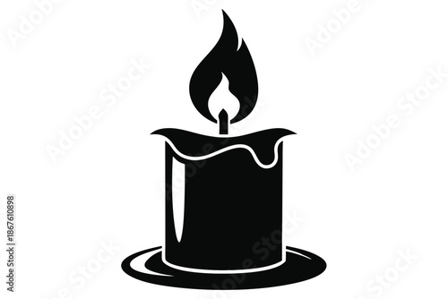 Elegant Single Taper Candle Silhouette with Flame, Black and White Vector Graphic for Invitations and Events