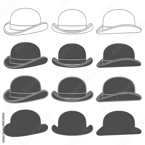 Set of black and white illustrations with classic bowler hat. Isolated vector objects on white background.