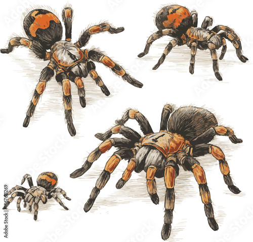 Create a Mexican redknee tarantula (Brachypelma smithi), spider female vintage hand drawn vector illustration set