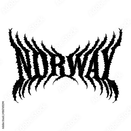 A bold and aggressive “Norway” wordmark designed in a hardcore metal font, featuring sharp, thorn-like edges and a dark, extreme aesthetic. 
