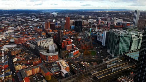 Aerial view of Birmingham city center with Alpha Tower skyscraper