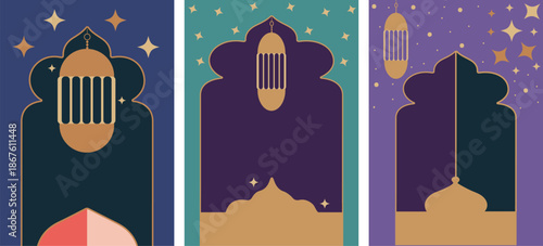 Minimal Islamic Arch Posters with Lanterns and Night Sky Elements