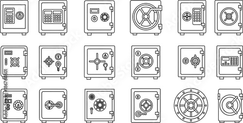 Secure safe icon set, black and white line art, diverse lock mechanisms, combination dial, keypad, key lock, wheel lock, vault illustration
