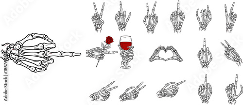 Skeletal hand icon set, black and white illustration, expressive bone gestures, peace sign, rock on, middle finger, rose, wine glass