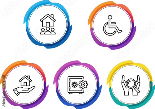 Social service icons, housing support, accessibility symbol, financial security, research investigation, colorful circular badges, inclusive design, vector illustration, community care, safe housing
